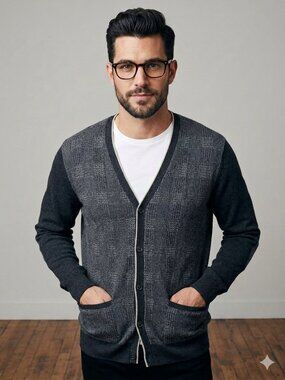 Jos A Bank Academia Wool Contrast Paneled Cardigan Sweater Gray Black XL Preppy